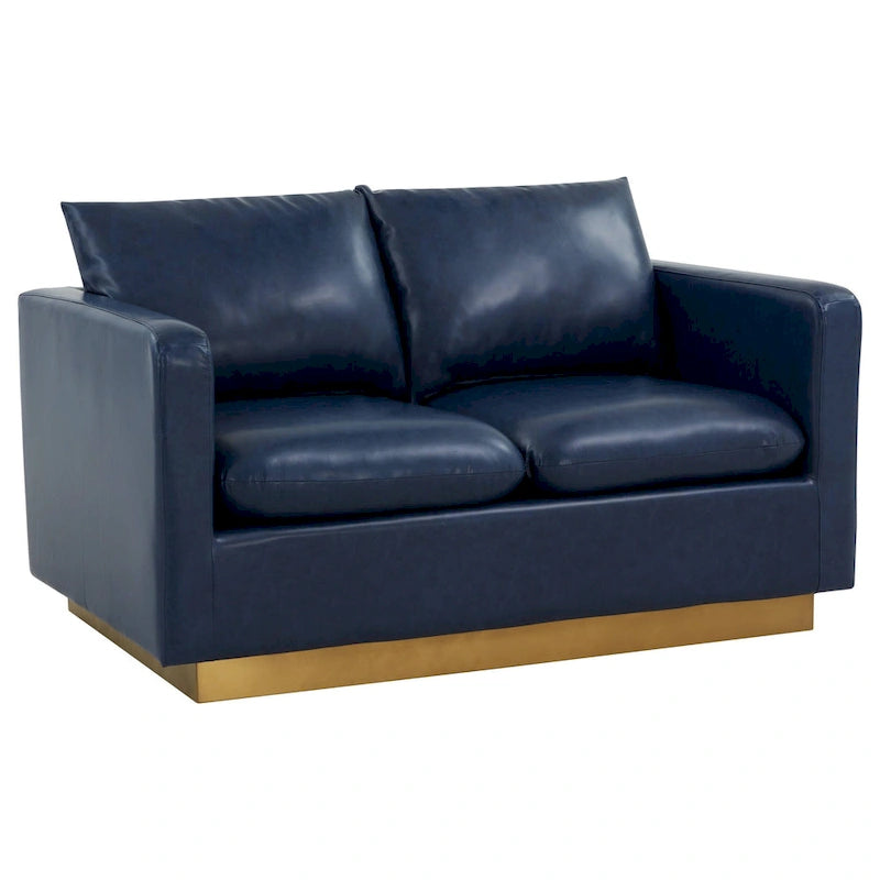 LeisureMod Nervo Modern Leather Loveseat With Gold Base & Cushions - 55.9