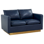 LeisureMod Nervo Modern Leather Loveseat With Gold Base & Cushions - 55.9