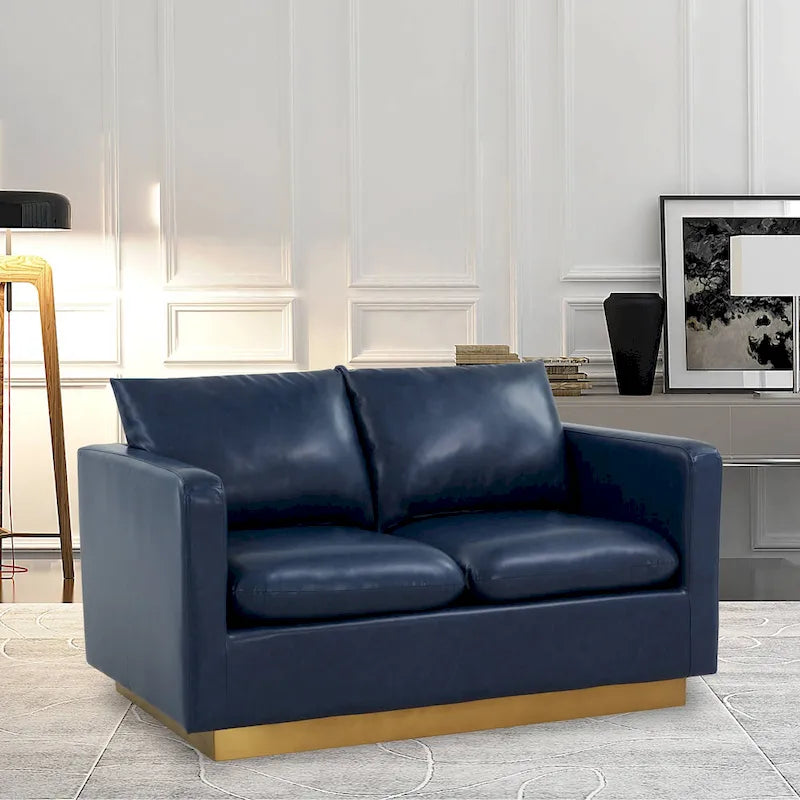 LeisureMod Nervo Modern Leather Loveseat With Gold Base & Cushions - 55.9