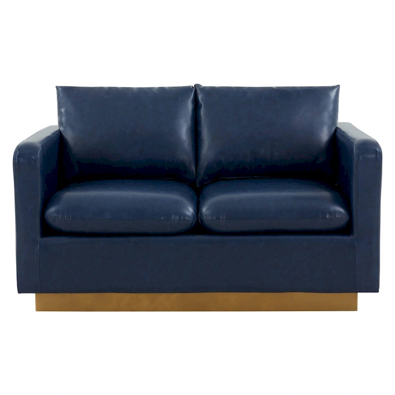 LeisureMod Nervo Modern Leather Loveseat With Gold Base & Cushions - 55.9