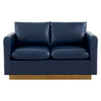 LeisureMod Nervo Modern Leather Loveseat With Gold Base & Cushions - 55.9