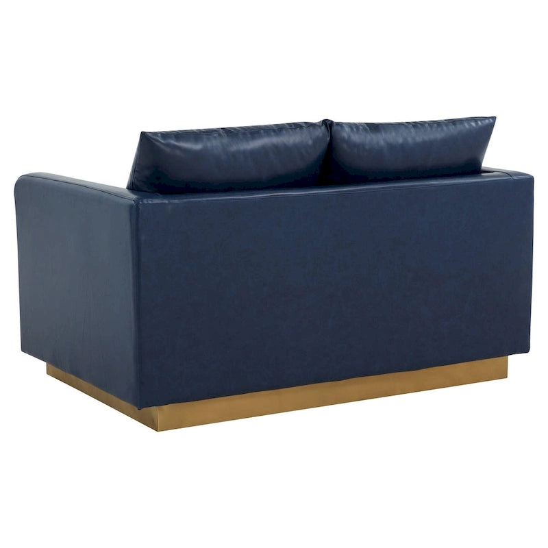 LeisureMod Nervo Modern Leather Loveseat With Gold Base & Cushions - 55.9