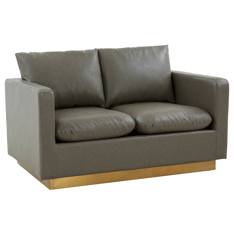 LeisureMod Nervo Modern Leather Loveseat With Gold Base & Cushions - 55.9