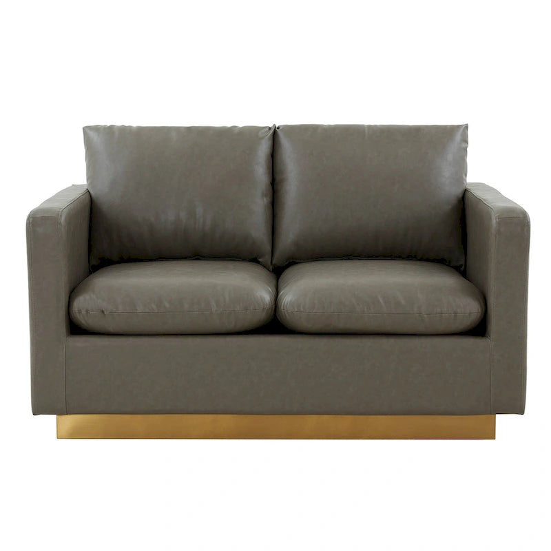 LeisureMod Nervo Modern Leather Loveseat With Gold Base & Cushions - 55.9