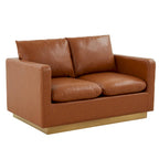 LeisureMod Nervo Modern Leather Loveseat With Gold Base & Cushions - 55.9