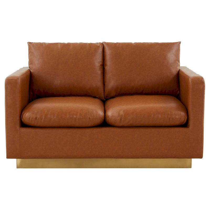 LeisureMod Nervo Modern Leather Loveseat With Gold Base & Cushions - 55.9