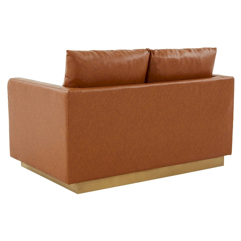 LeisureMod Nervo Modern Leather Loveseat With Gold Base & Cushions - 55.9