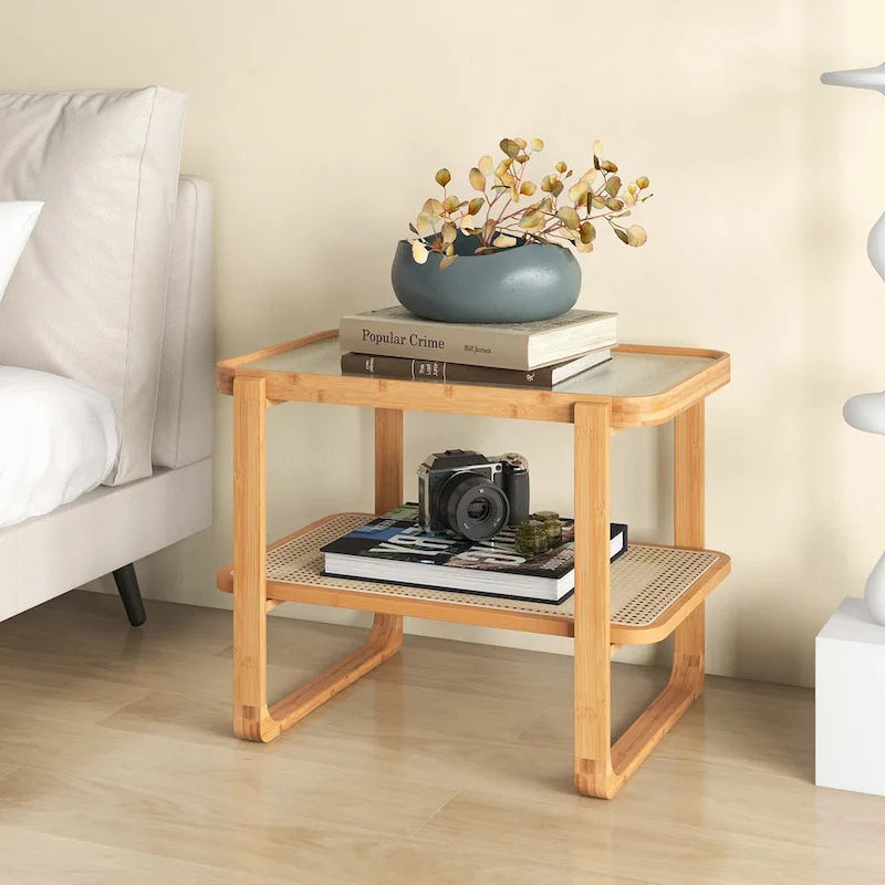 Bamboo Side Table with Rattan Shelf Glass Top Nightstand End Table