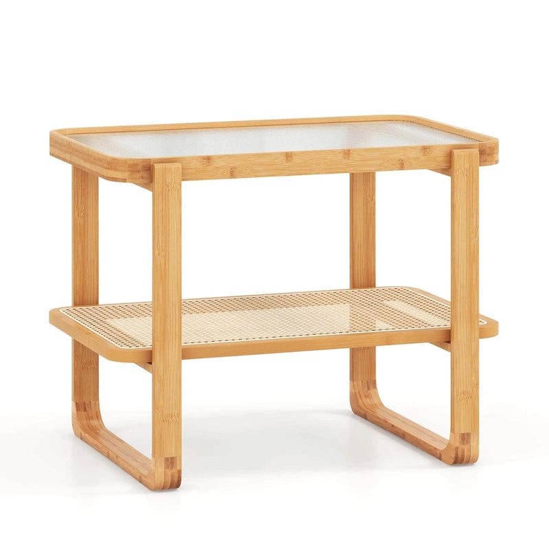 Bamboo Side Table with Rattan Shelf Glass Top Nightstand End Table