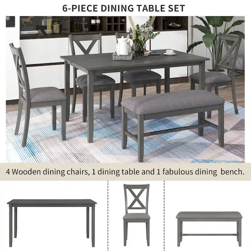 Nestfair 6-Piece Dining Table Set with 4 Fabric Chairs and Bench