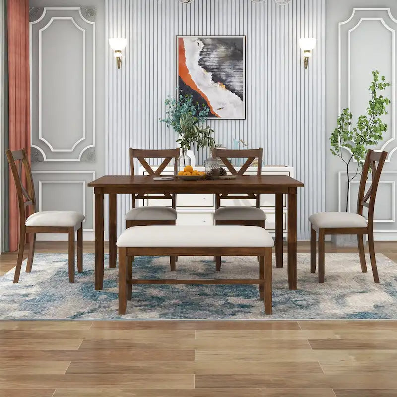 Nestfair 6-Piece Dining Table Set with 4 Fabric Chairs and Bench