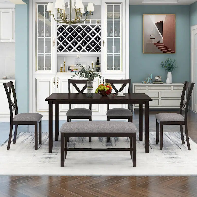 Nestfair 6-Piece Dining Table Set with 4 Fabric Chairs and Bench