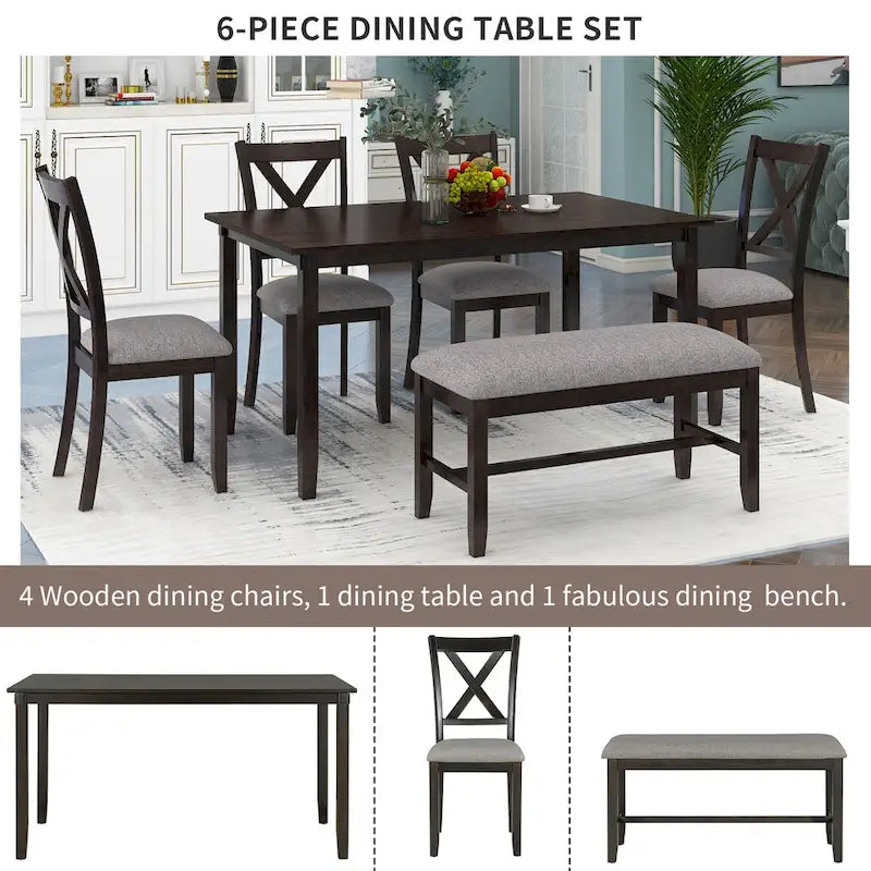 Nestfair 6-Piece Dining Table Set with 4 Fabric Chairs and Bench