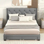 Queen Size Linen Platform Bed with 2 Drawers