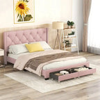 Queen Size Linen Platform Bed with 2 Drawers