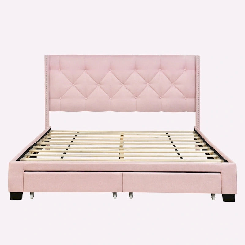 Queen Size Linen Platform Bed with 2 Drawers