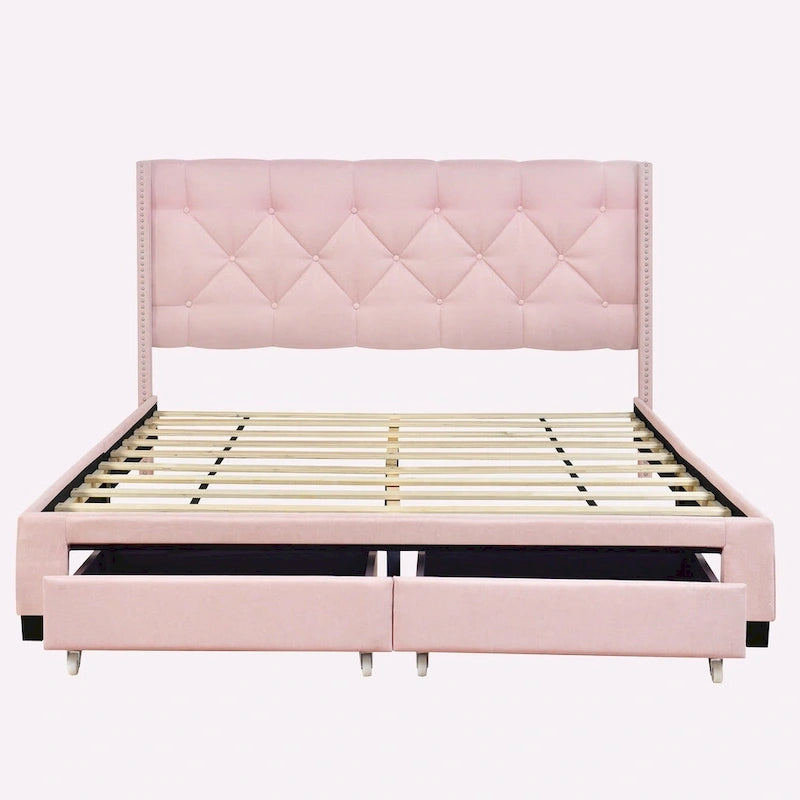 Queen Size Linen Platform Bed with 2 Drawers
