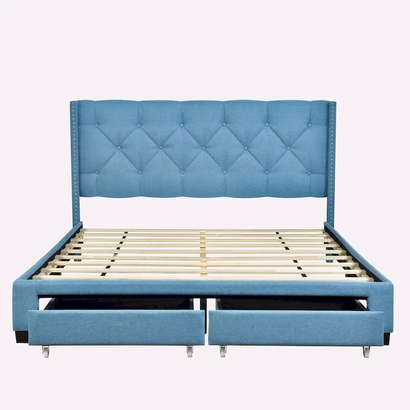 Queen Size Linen Platform Bed with 2 Drawers