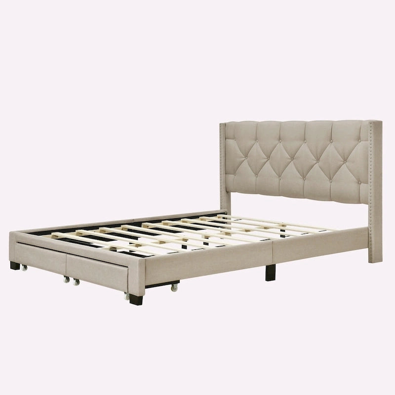 Queen Size Linen Platform Bed with 2 Drawers