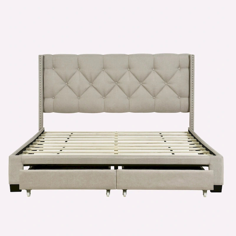Queen Size Linen Platform Bed with 2 Drawers