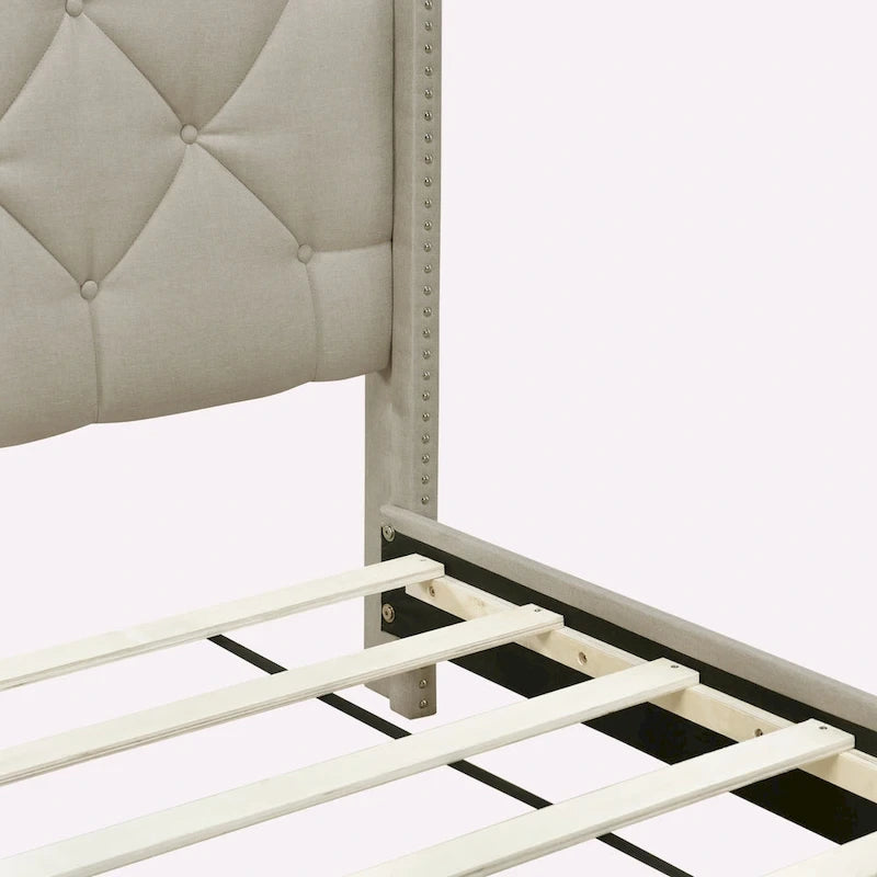 Queen Size Linen Platform Bed with 2 Drawers