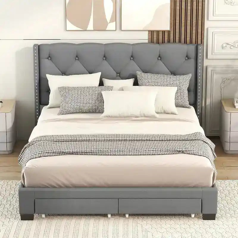 Queen Size Linen Platform Bed with 2 Drawers