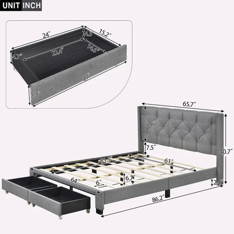 Queen Size Linen Platform Bed with 2 Drawers