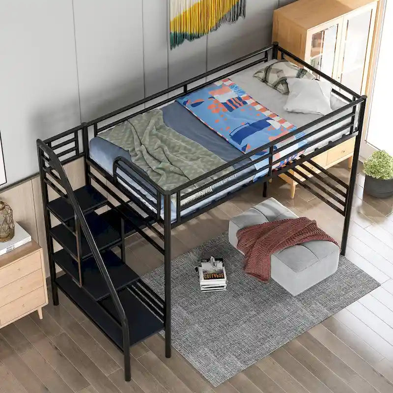 Twin Black Metal Loft Bed Frame with Desk, No Box Spring Needed