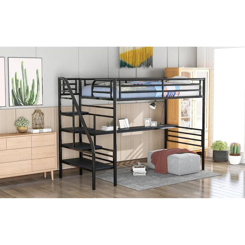 Twin Black Metal Loft Bed Frame with Desk, No Box Spring Needed