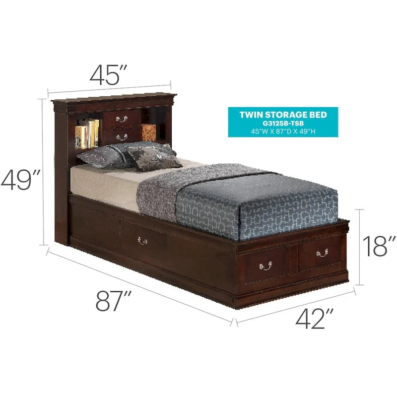 Louis Philippe Twin Storage Platform Bed with 6 Storage Drawers