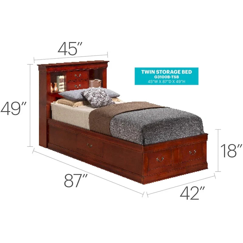Louis Philippe Twin Storage Platform Bed with 6 Storage Drawers