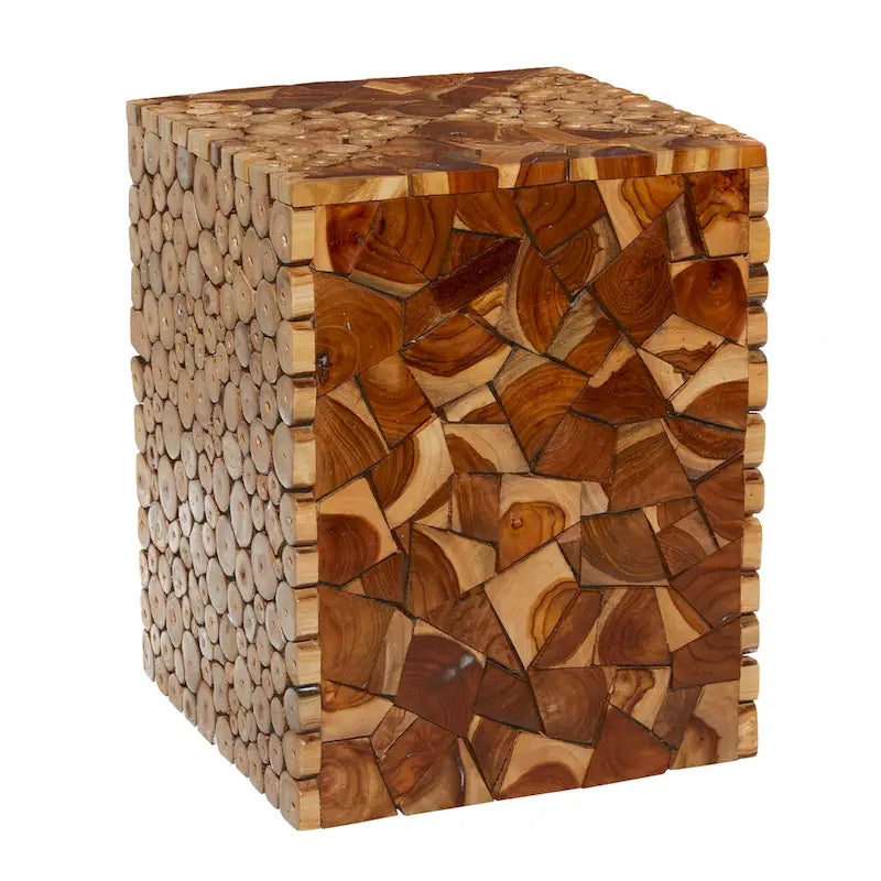 Teak Wood Handmade Square Block Accent Table with Mosaic Wood Chip Design - Brown - Roche River Decor - 14 Wx14 Lx18 H