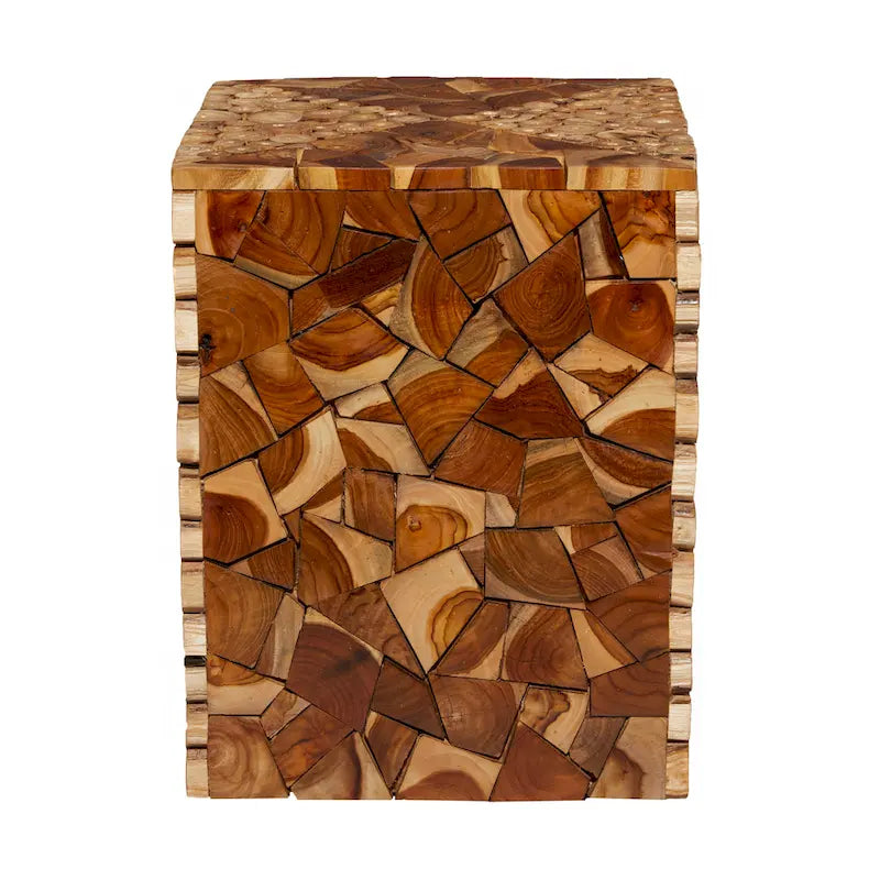 Teak Wood Handmade Square Block Accent Table with Mosaic Wood Chip Design - Brown - Roche River Decor - 14 Wx14 Lx18 H