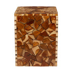 Teak Wood Handmade Square Block Accent Table with Mosaic Wood Chip Design - Brown - Roche River Decor - 14 Wx14 Lx18 H