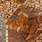 Teak Wood Handmade Square Block Accent Table with Mosaic Wood Chip Design - Brown - Roche River Decor - 14 Wx14 Lx18 H