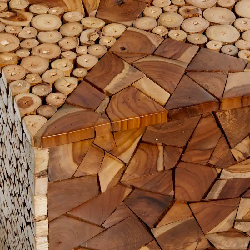 Teak Wood Handmade Square Block Accent Table with Mosaic Wood Chip Design - Brown - Roche River Decor - 14 Wx14 Lx18 H