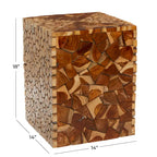Teak Wood Handmade Square Block Accent Table with Mosaic Wood Chip Design - Brown - Roche River Decor - 14 Wx14 Lx18 H