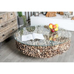 Driftwood Handmade Collage and Pedestal Base Coffee Table with Tempered Glass Top - Brown - Roche River Decor
