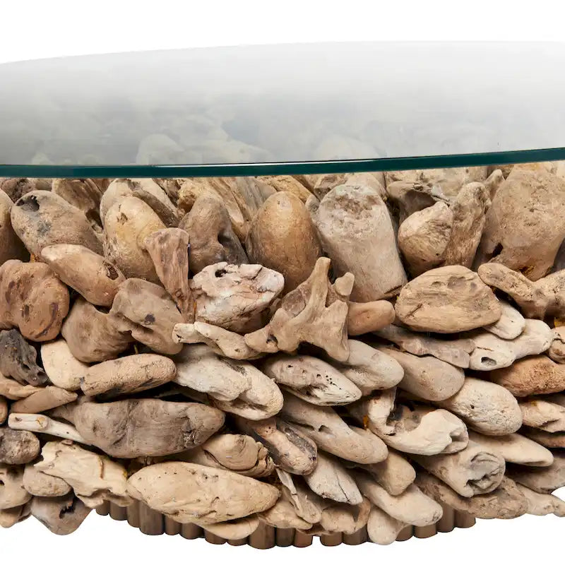 Driftwood Handmade Collage and Pedestal Base Coffee Table with Tempered Glass Top - Brown - Roche River Decor
