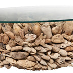 Driftwood Handmade Collage and Pedestal Base Coffee Table with Tempered Glass Top - Brown - Roche River Decor