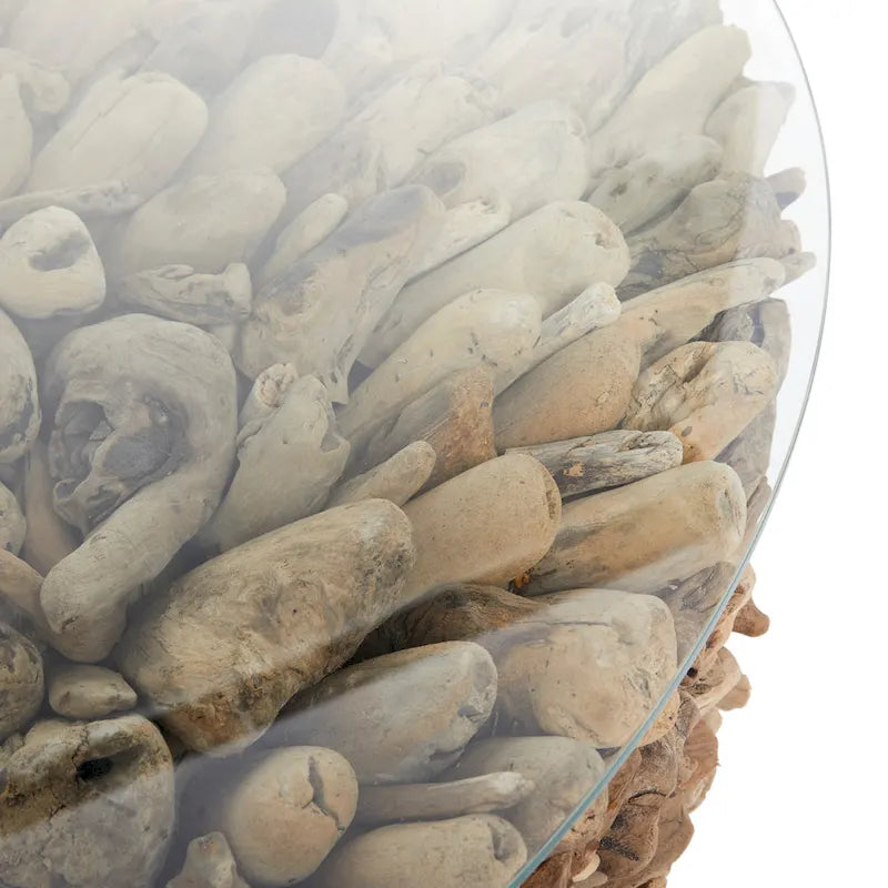 Driftwood Handmade Collage and Pedestal Base Coffee Table with Tempered Glass Top - Brown - Roche River Decor