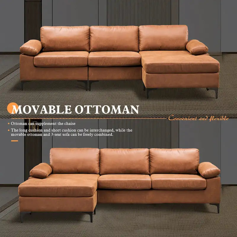 OVIOS Mid-Century Suede Reversible Chaise Sofa With Metal Legs