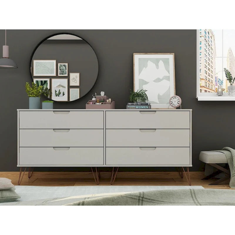 Manhattan Comfort Rockefeller 6-Drawer Double Low Dresser with Metal Legs