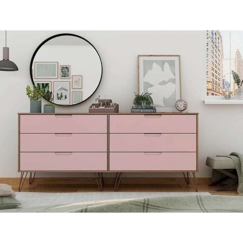 Manhattan Comfort Rockefeller 6-Drawer Double Low Dresser with Metal Legs