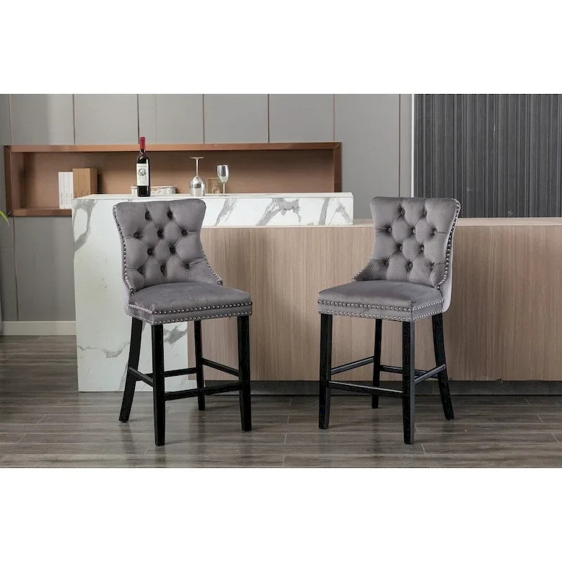Contemporary Velvet Upholstered Barstools with Button Tufted Decoration and Wooden Legs, and Chrome Nailhead Trim, Set of 2