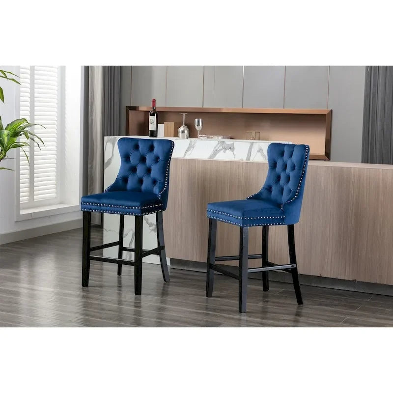 Contemporary Velvet Upholstered Barstools with Button Tufted Decoration and Wooden Legs, and Chrome Nailhead Trim, Set of 2