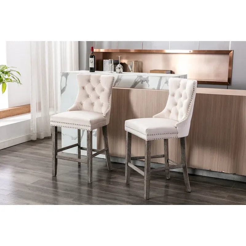 Contemporary Velvet Upholstered Barstools with Button Tufted Decoration and Wooden Legs, and Chrome Nailhead Trim, Set of 2