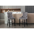 Contemporary Velvet Upholstered Barstools with Button Tufted Decoration and Wooden Legs, and Chrome Nailhead Trim, Set of 2