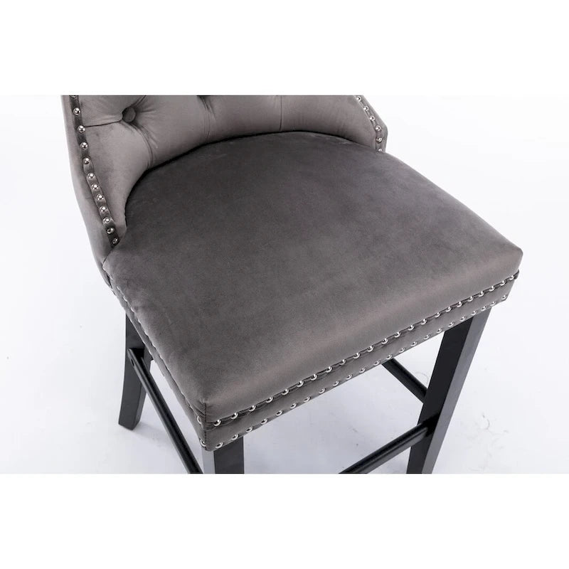 Contemporary Velvet Upholstered Barstools with Button Tufted Decoration and Wooden Legs, and Chrome Nailhead Trim, Set of 2