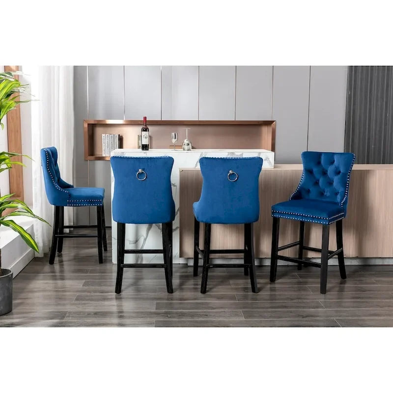 Contemporary Velvet Upholstered Barstools with Button Tufted Decoration and Wooden Legs, and Chrome Nailhead Trim, Set of 2